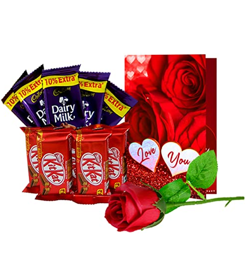 Midiron Romantic Gift For Couple Valentines Day Gift For Wife,Girlfriend,Lover, Birthday Gifts For Lover-Chocolate Bars, Artificial Red Rose & Love Greeting Card