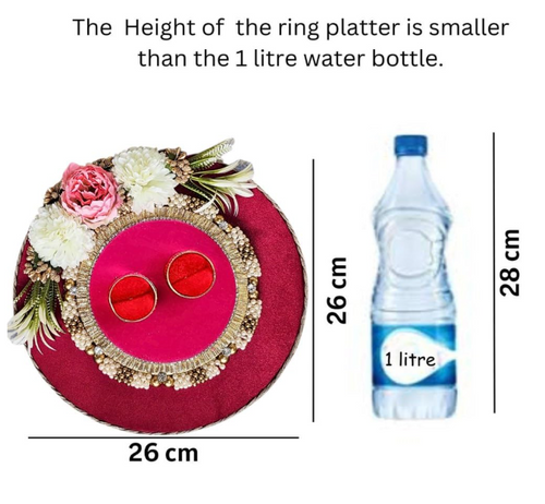 1 Pcs Handcrafted Engagement Ring Platter Tray Holder with Artificial Flowers  Round Thali for Shaadi, Marriage, Wedding Ceremony  Decorative Platter for Bride & Groom, Bridesmaids