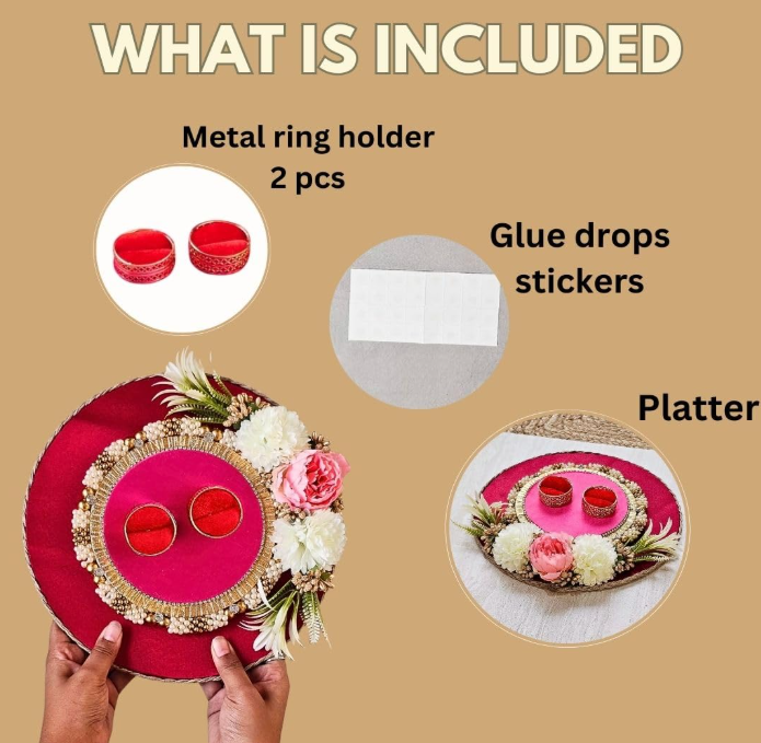 1 Pcs Handcrafted Engagement Ring Platter Tray Holder with Artificial Flowers  Round Thali for Shaadi, Marriage, Wedding Ceremony  Decorative Platter for Bride & Groom, Bridesmaids
