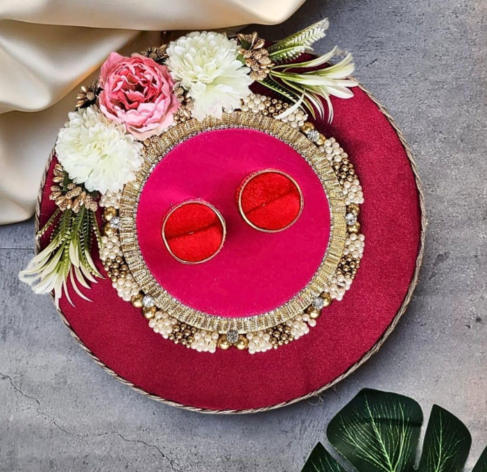 1 Pcs Handcrafted Engagement Ring Platter Tray Holder with Artificial Flowers  Round Thali for Shaadi, Marriage, Wedding Ceremony  Decorative Platter for Bride & Groom, Bridesmaids