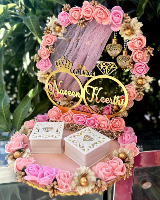 Unique Palette Beautiful Pink and Peach Floral Theme with White Base Ring Platter for Ring Ceremony/Customizable Name and Ceremony Date