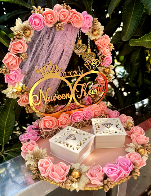 Unique Palette Beautiful Pink and Peach Floral Theme with White Base Ring Platter for Ring Ceremony/Customizable Name and Ceremony Date