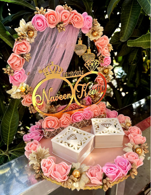 Unique Palette Beautiful Pink and Peach Floral Theme with White Base Ring Platter for Ring Ceremony/Customizable Name and Ceremony Date