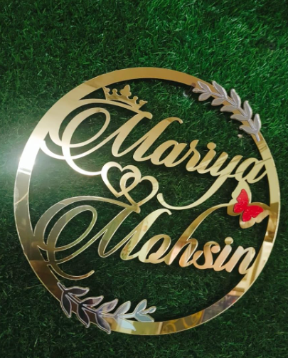 Customized Acrylic Round Golden Words Shiny Look Wall Decor Hanging Name,Home, Office, Hotel, Shop Decor