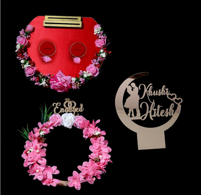 THE BRIDE MADE Engagement Ring Platter 2 Holder Box Tray, Acrylic Customized Bride Groom Name 1 Hoop Flowers