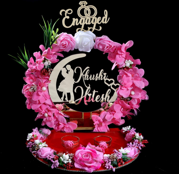 THE BRIDE MADE Engagement Ring Platter 2 Holder Box Tray, Acrylic Customized Bride Groom Name 1 Hoop Flowers