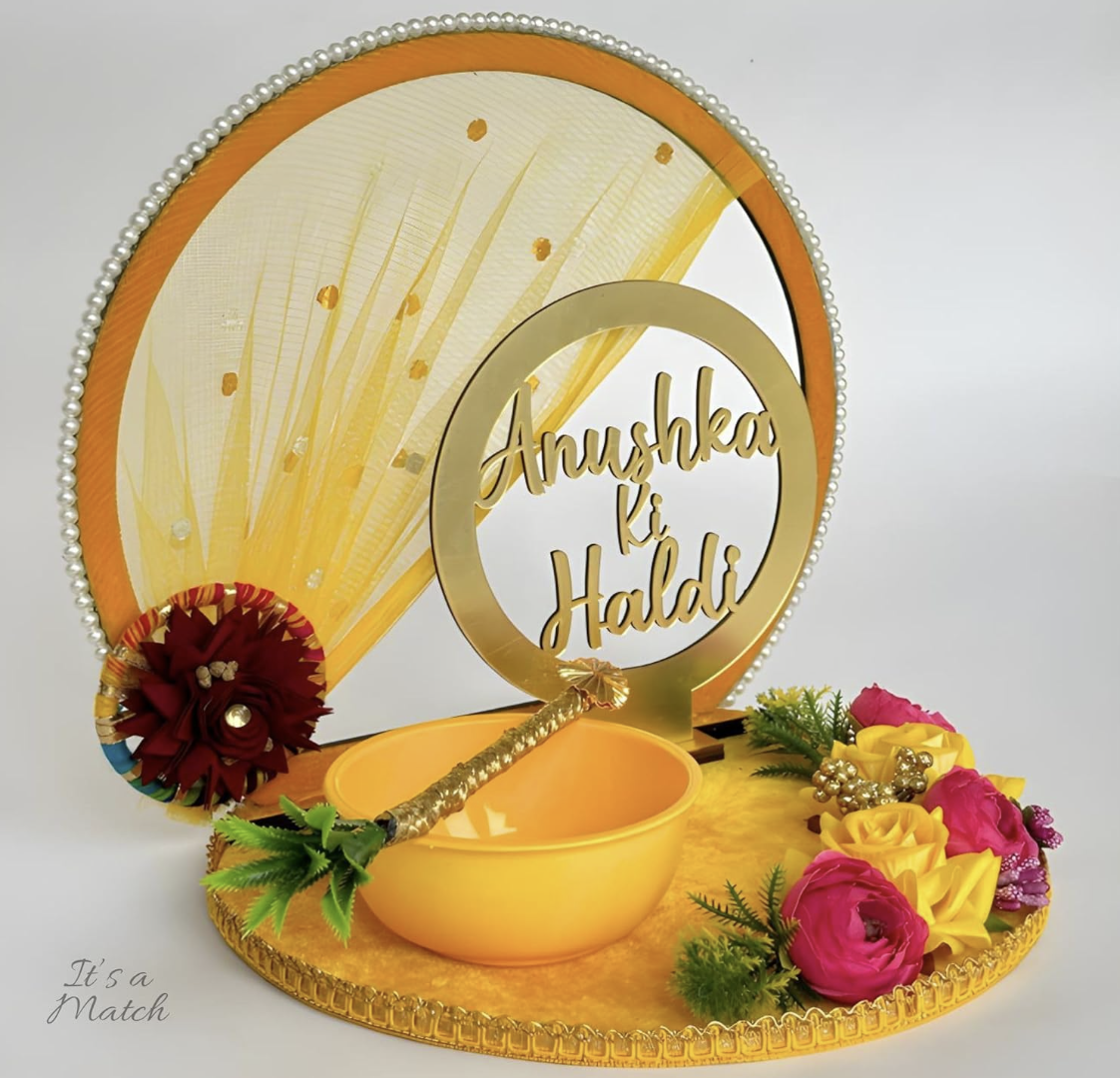 Personalized Haldi Platter, Handcrafted Thali, Tray Wedding Haldi Plate for Haldi Ceremony, Bride or Groom, Marriage Decor