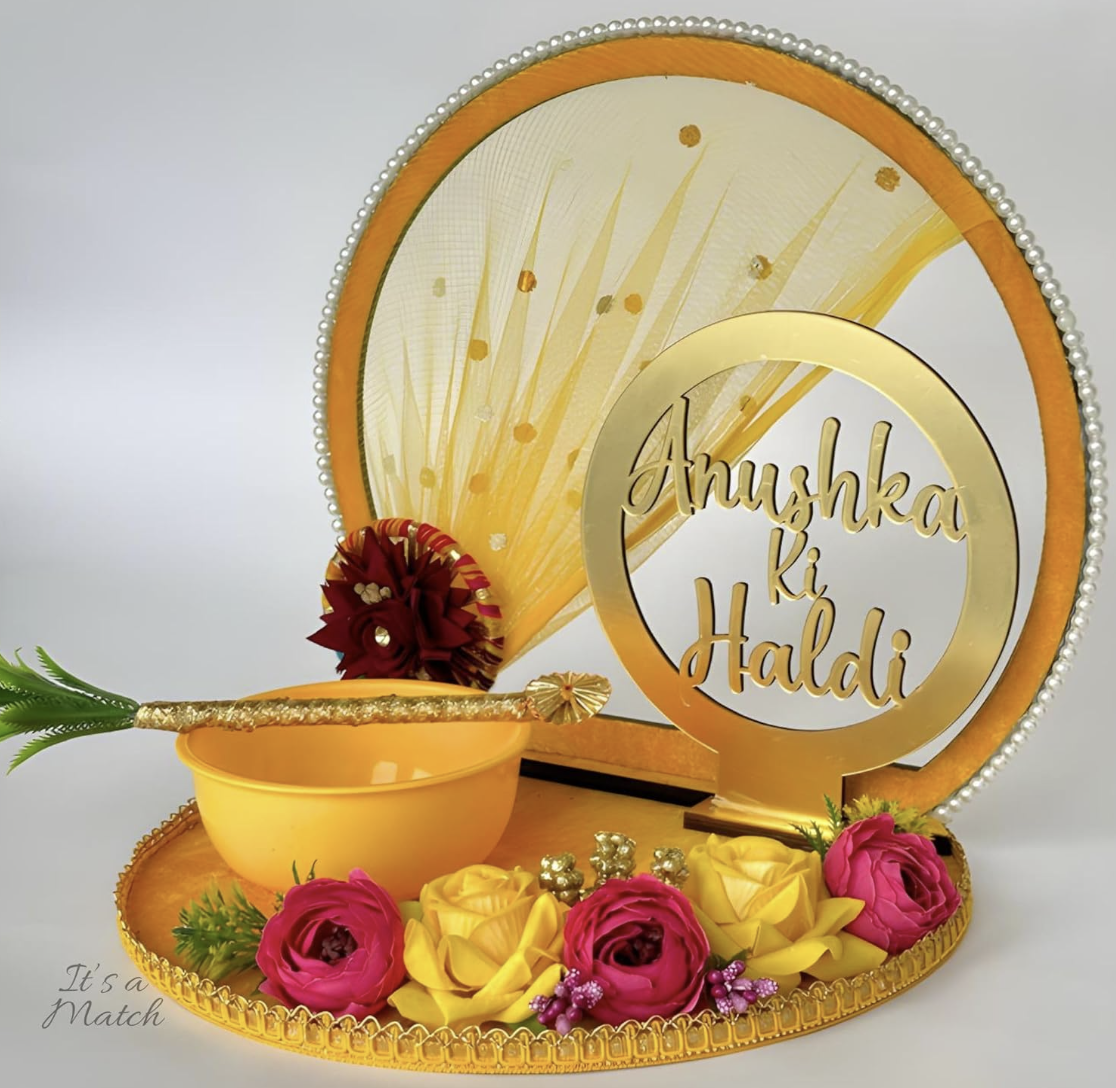 Personalized Haldi Platter, Handcrafted Thali, Tray Wedding Haldi Plate for Haldi Ceremony, Bride or Groom, Marriage Decor