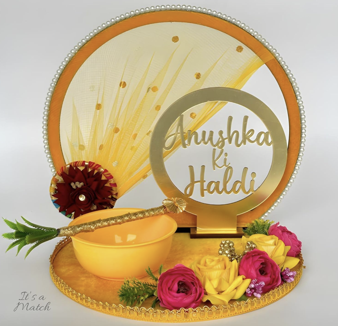 Personalized Haldi Platter, Handcrafted Thali, Tray Wedding Haldi Plate for Haldi Ceremony, Bride or Groom, Marriage Decor