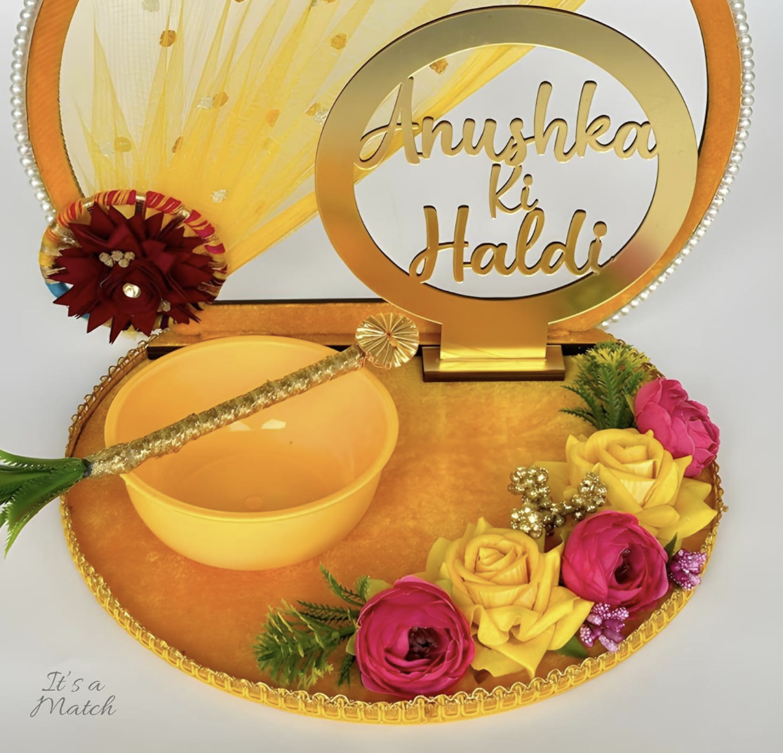 Personalized Haldi Platter, Handcrafted Thali, Tray Wedding Haldi Plate for Haldi Ceremony, Bride or Groom, Marriage Decor