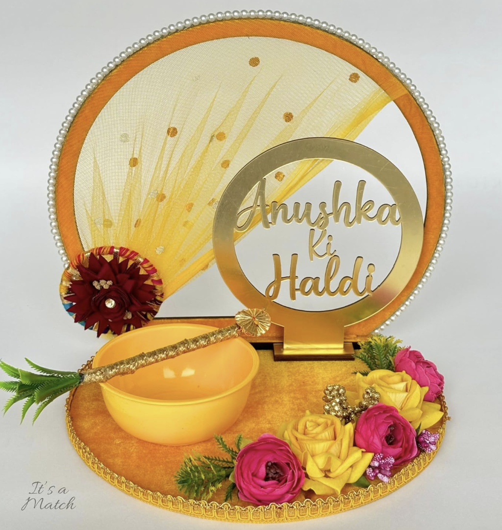 Personalized Haldi Platter, Handcrafted Thali, Tray Wedding Haldi Plate for Haldi Ceremony, Bride or Groom, Marriage Decor