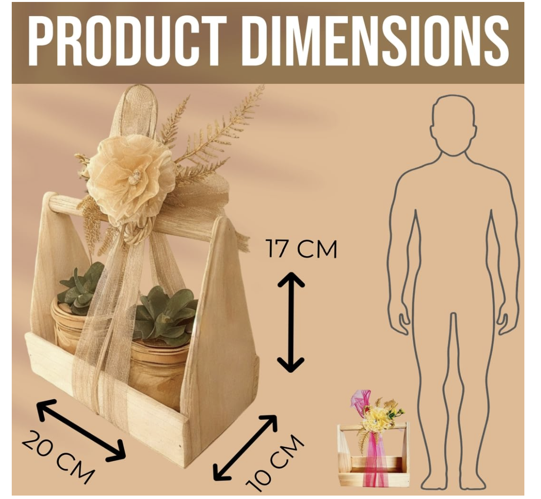 Rustic Pinewood Basket with Net Decoration and Flowers, Empty Packaging for Gourmet Treats & Special Occasions