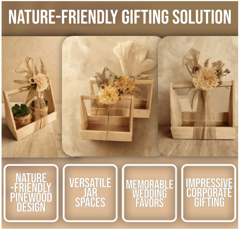 Rustic Pinewood Basket with Net Decoration and Flowers, Empty Packaging for Gourmet Treats & Special Occasions