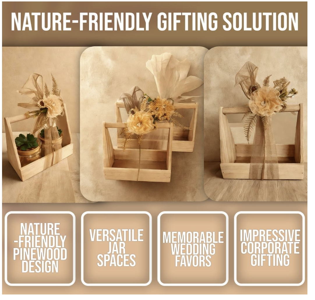 Rustic Pinewood Basket with Net Decoration and Flowers, Empty Packaging for Gourmet Treats & Special Occasions