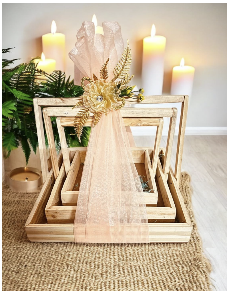 Set of 3 Square Pinewood Hamper Gift Handle Basket, with Decoration Net & Flowers, Festival Gift Hamper