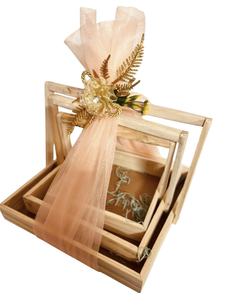 Set of 3 Square Pinewood Hamper Gift Handle Basket, with Decoration Net & Flowers, Festival Gift Hamper