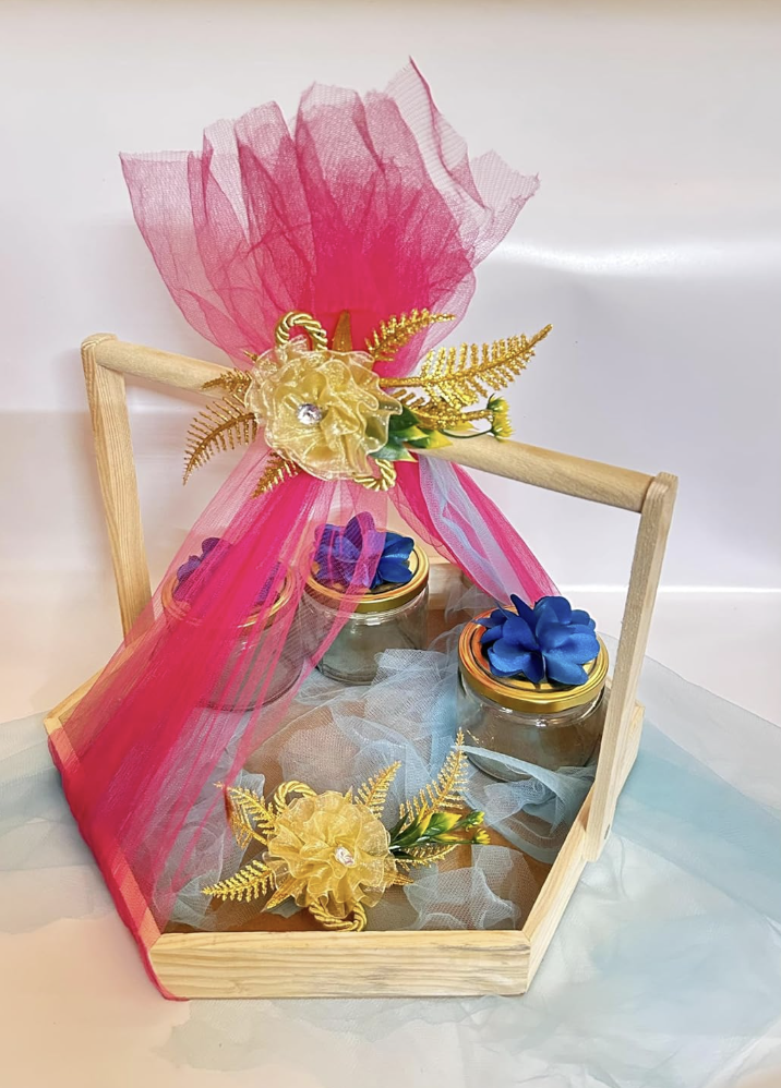 Wooden Hexagonal Gift Hamper Basket, Festival gift hamper tray, Gift Packaging Basket, Pack/Combo Of 3