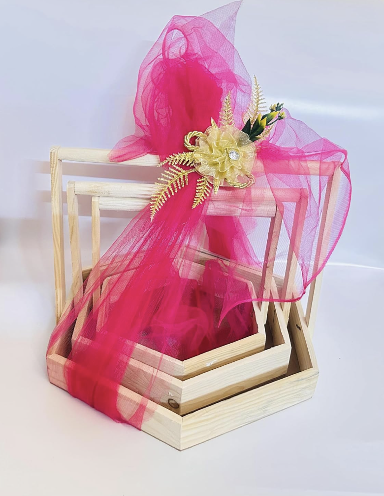 Wooden Hexagonal Gift Hamper Basket, Festival gift hamper tray, Gift Packaging Basket, Pack/Combo Of 3