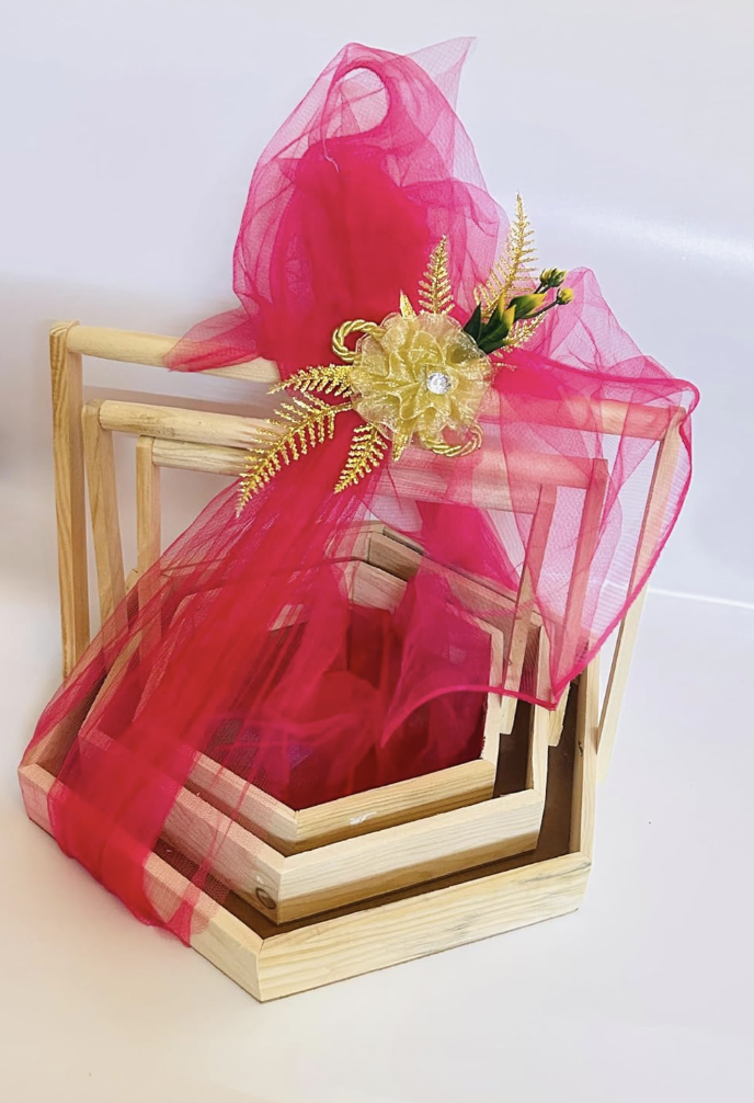 Wooden Hexagonal Gift Hamper Basket, Festival gift hamper tray, Gift Packaging Basket, Pack/Combo Of 3