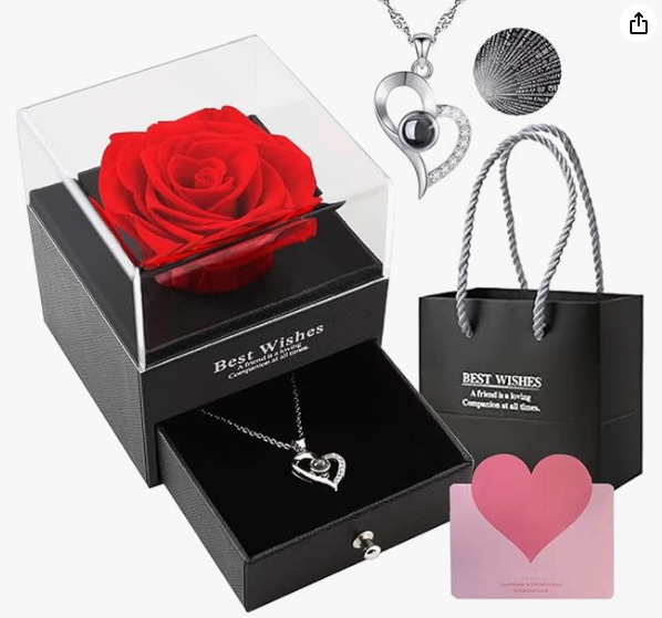 Gifts For Girlfriend,Wife,Love-Marriage Anniversary Gift For Wife Preserved Rose Flower With Heart Necklace-Valentine Gift For Girlfriend