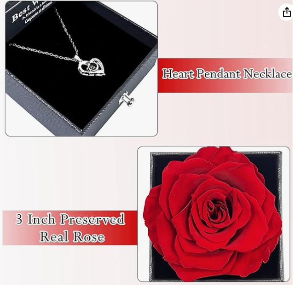 Gifts For Girlfriend,Wife,Love-Marriage Anniversary Gift For Wife Preserved Rose Flower With Heart Necklace-Valentine Gift For Girlfriend